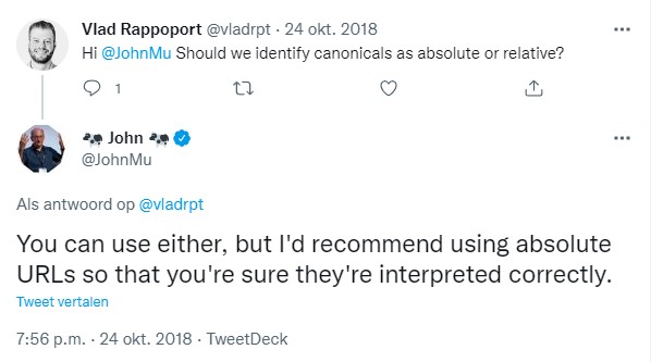 Een tweet van John Mueller, waarin hij antwoordt op de vraag of canonicals het beste absolute of relatieve URL's kunnen gebruiken.